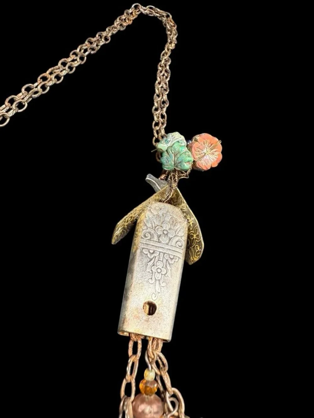 Vintage Artisan Crafted Cuckoo Clock Birdhouse Necklace Mixed Materials